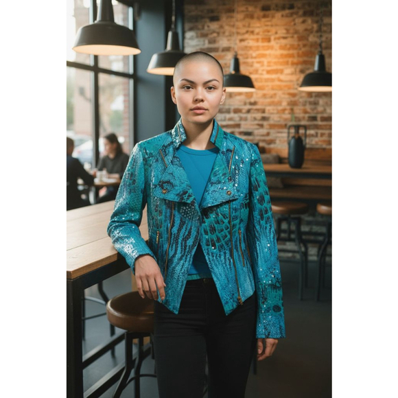 Frank Lyman Design Turquoise Python Snake Print Open Front Moto Jacket Gold Zips - Picture 2 of 14